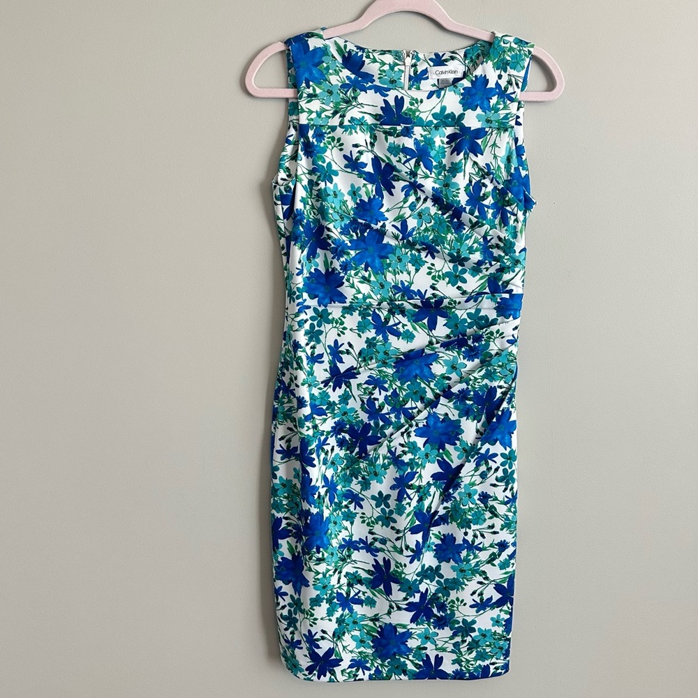 Calvin Klein Blue and Green Floral Midi Dress, Cottage Core, Office or Cocktail